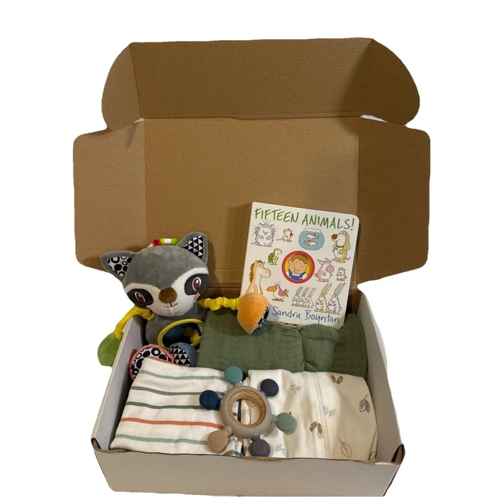 Baby Boy Shower Animal Themed Gift Box, Book,‎ Toy, Outfits & Other Essentials